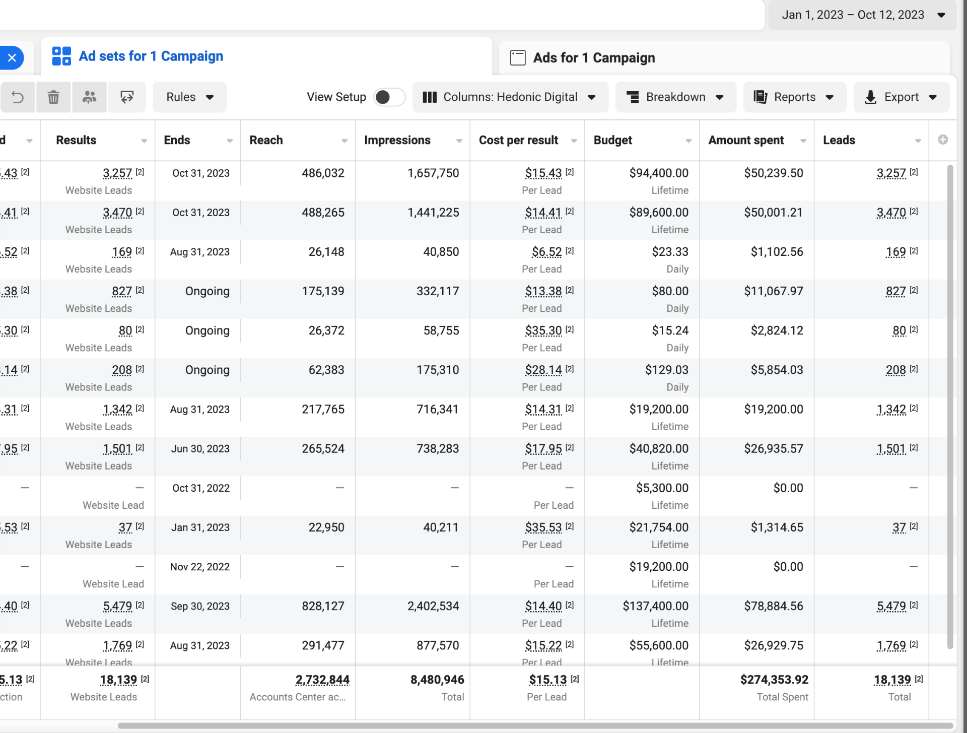 18,139 Leads at $15.13 CPL (2023)